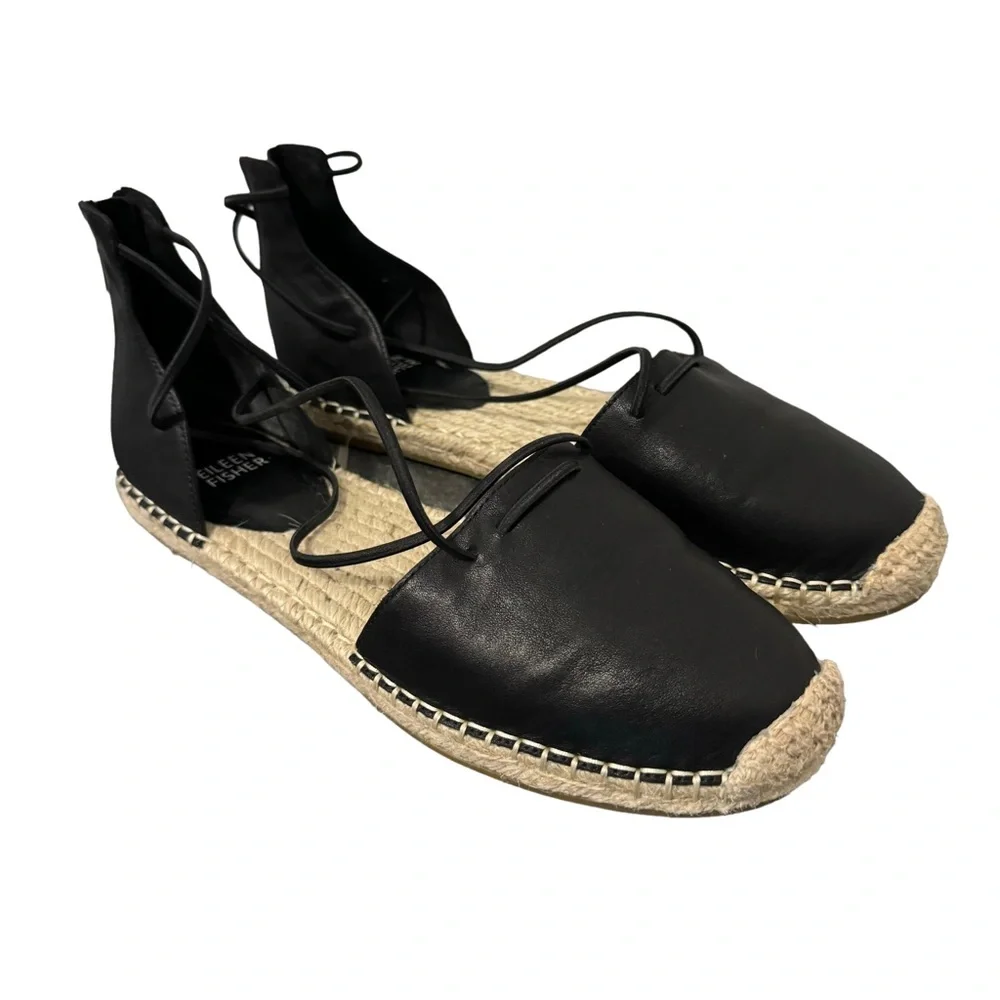 Eileen Fisher‎ Women’s LaLa Tumbled Leather Espadrilles Strap Black Size 9.5